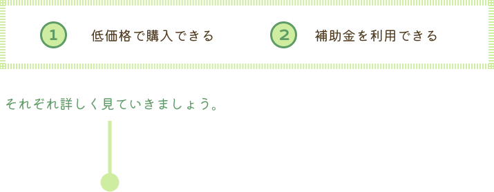 ①低価格で購入できる②補助金を利用できる