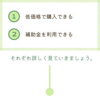 ①低価格で購入できる②補助金を利用できる