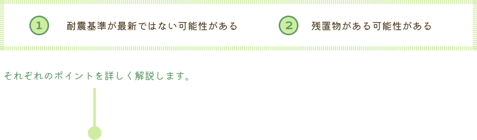 ①耐震基準が最新ではない可能性がある②残置物がある可能性がある